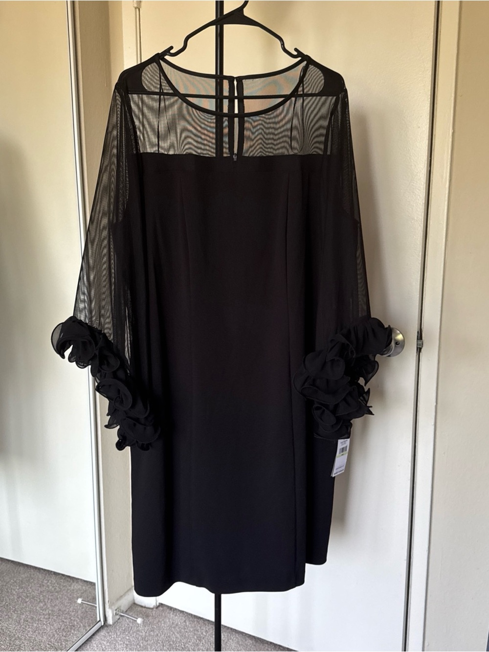 Alex Evenings Black Midi Dress with Sheer Yoke and Ruffle Sleeve Detail 18W